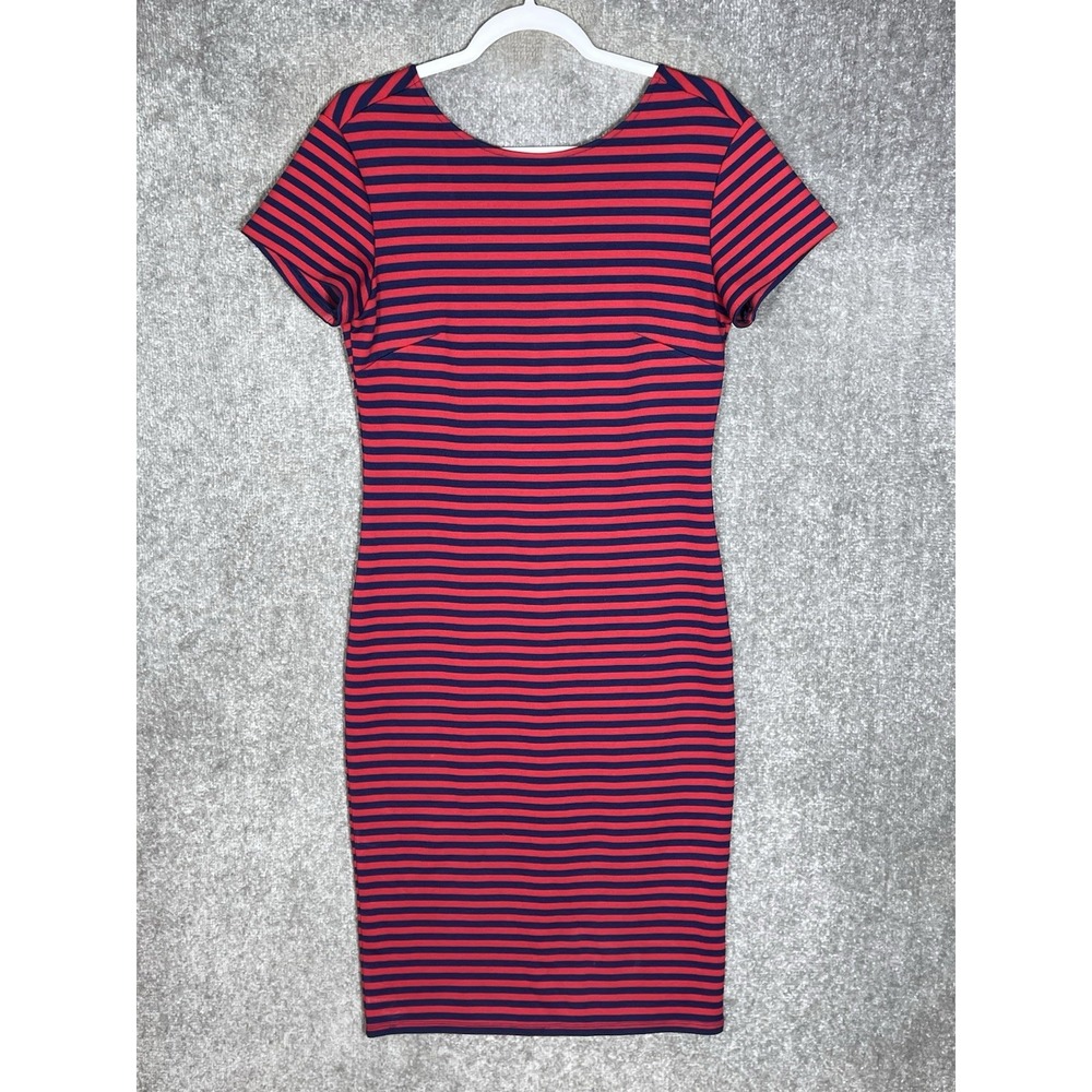 Felicity & Coco Midi Dress Womens Size Large Red Blue Striped‎ Stretch Bodycon